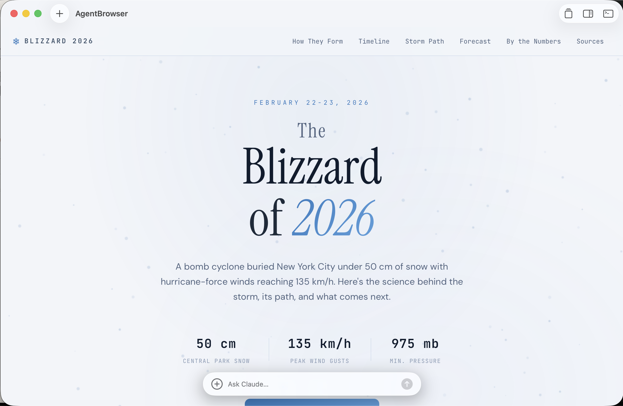 AgentBrowser showing an interactive editorial about the Blizzard of 2026