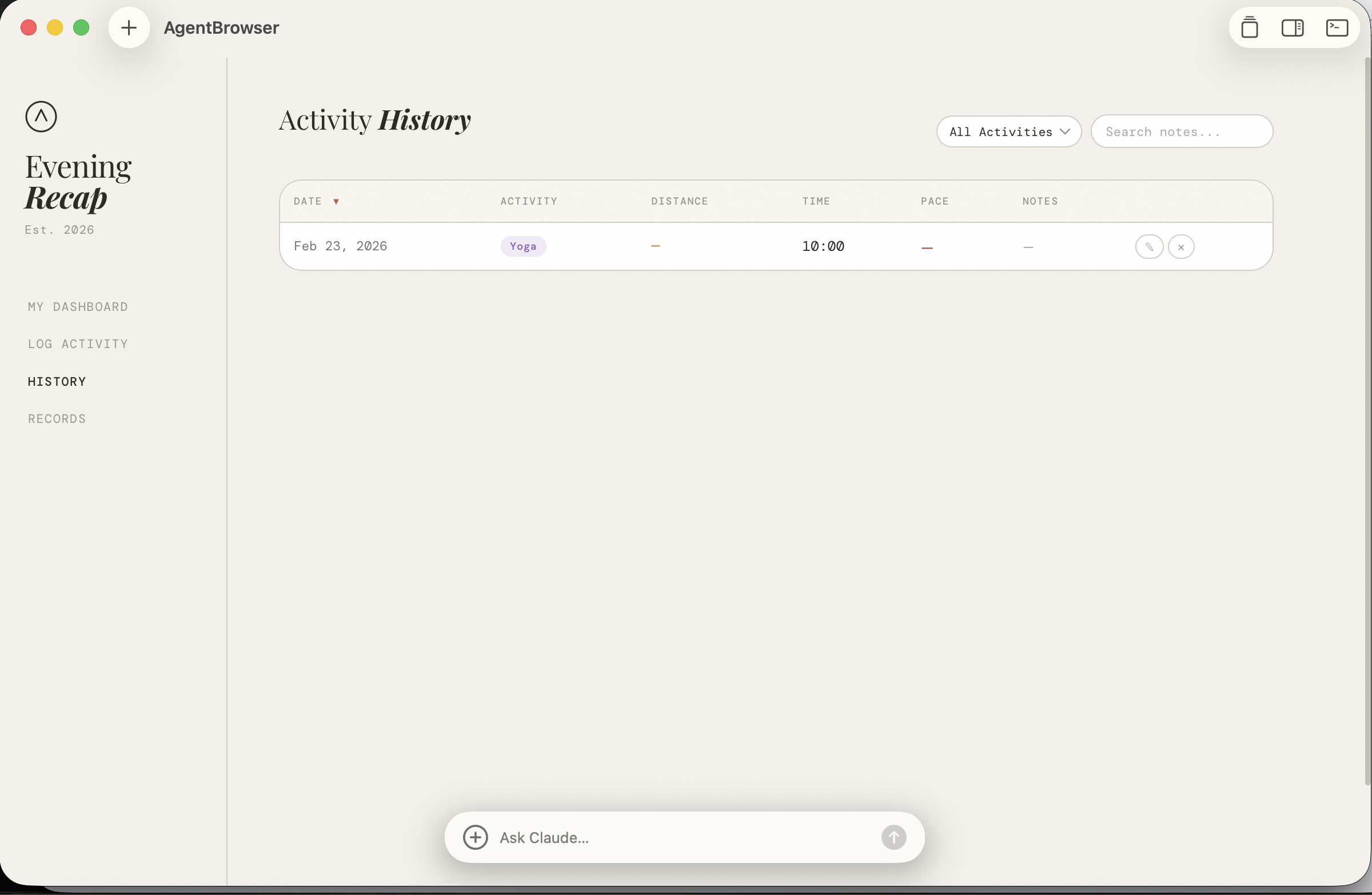 Activity history table
